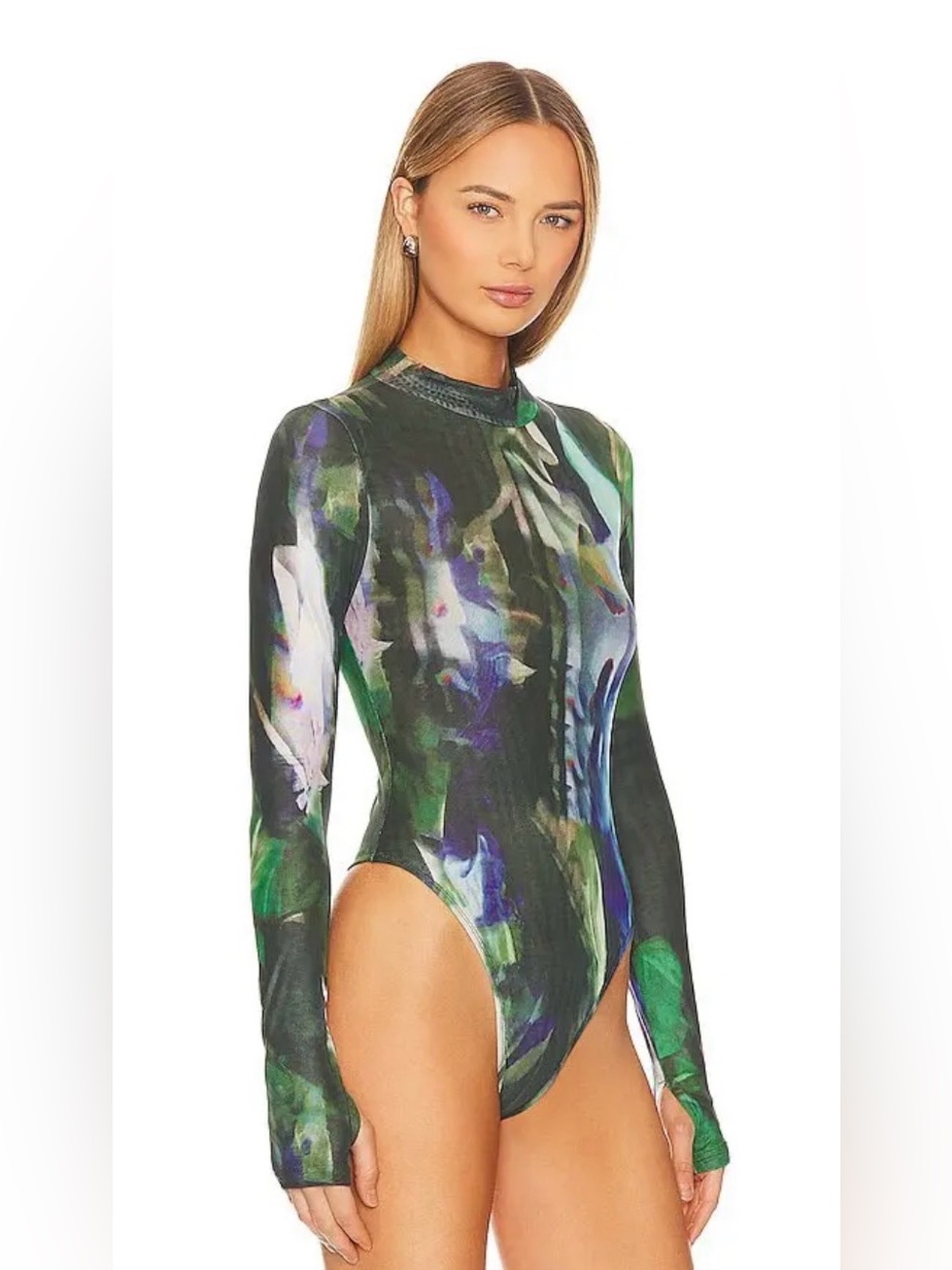 Long-Sleeve Floral Print Women’s Bodysuit in Green